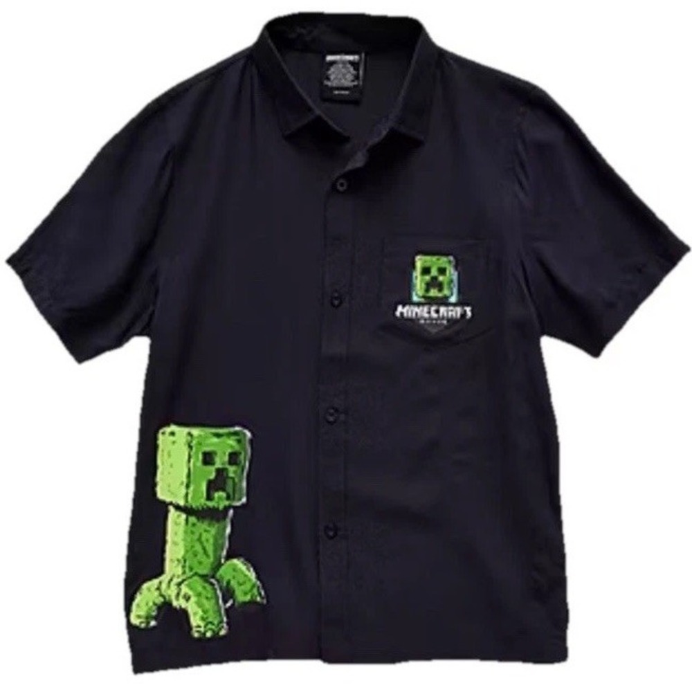 Minecraft Movie Boys Black Button Down‎ Polo Graphic Creeper Size L (14/16) NWT